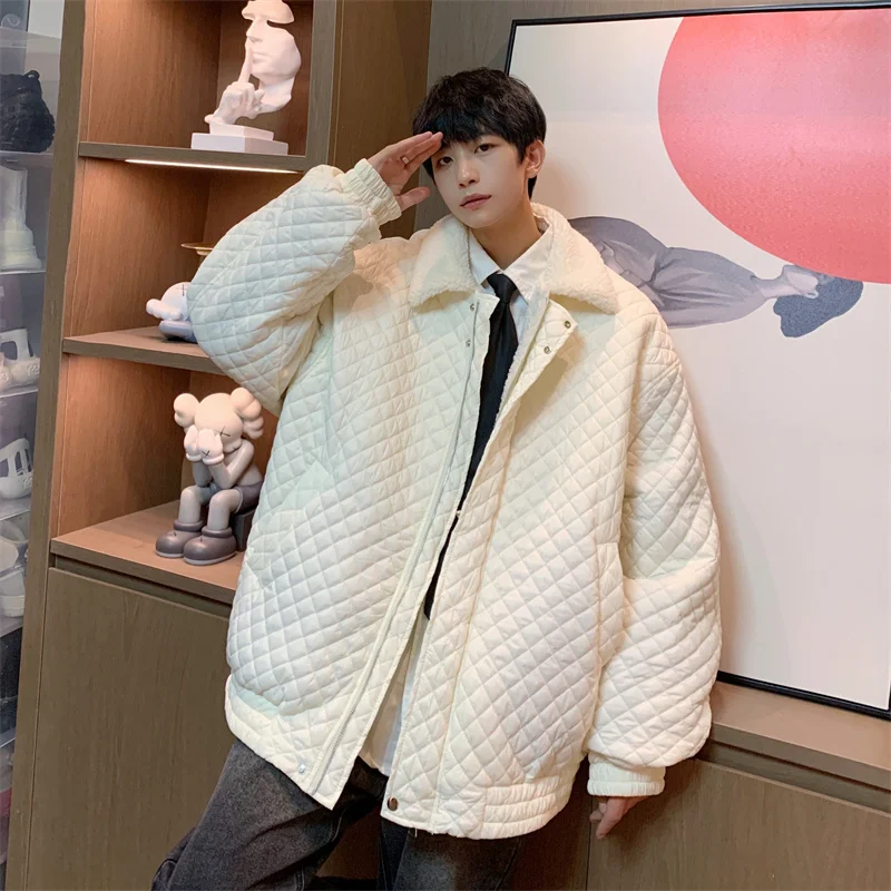 Winter Jacket Men Warm Fashion Beige Black Casual Plaid Thickened Coat Men Korean Loose Short Coat Mens Parker Clothes S-2XL