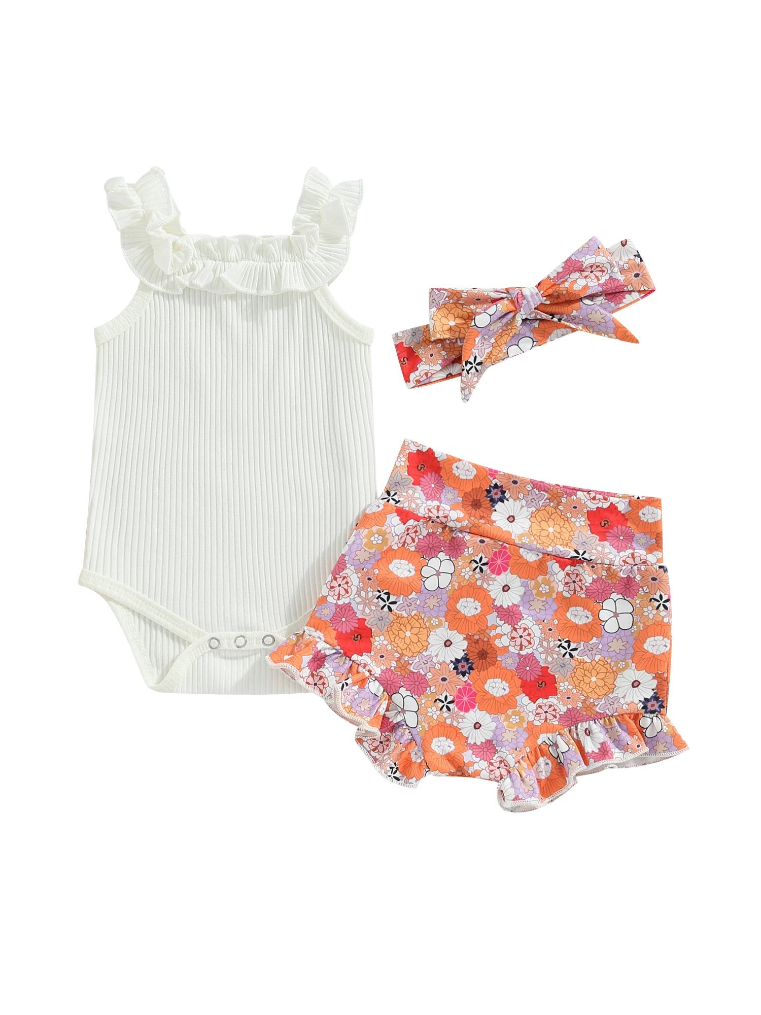 

Floral Print Baby Girl Clothes Strap Sleeveless Romper Ribbed Bodysuit Bloomer Shorts Headband Infant Summer Outfits