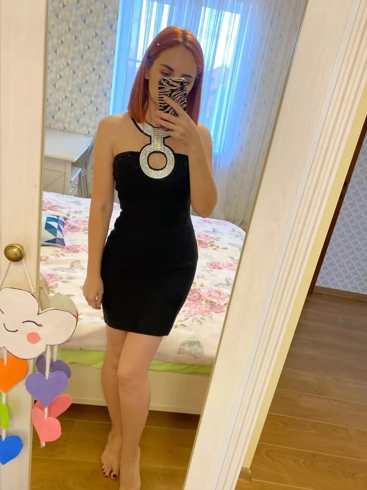 Slim Temperament Bandage Neck Hanging Diamond Party Dress Trend Sexy Fit Versatile Bag Hip Slim Dress