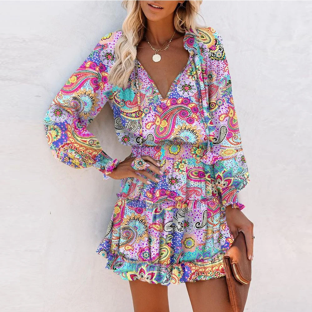 

Women Paisley Print Ruffle Hem Shirred Waist Casual Dress Office Lady Outfits Short Dress Casual Robe 2023 Summer
