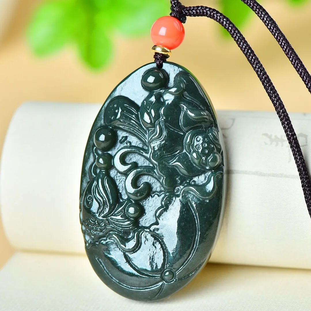 

Send Certificate Natural Green Jade Lotus Flower Pendant Necklace Men Women Hand Carved Hetian Jades Lotus And Fish Lucky Amulet