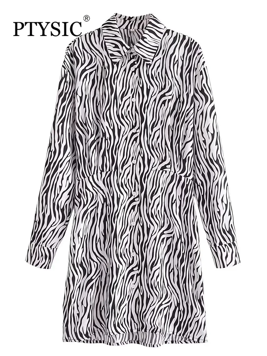 

Модное женское платье-рубашка PTYSIC с полосками зебры, с длинным рукавом, мини-платье, лето 2022, прямые однобортные повседневные платья