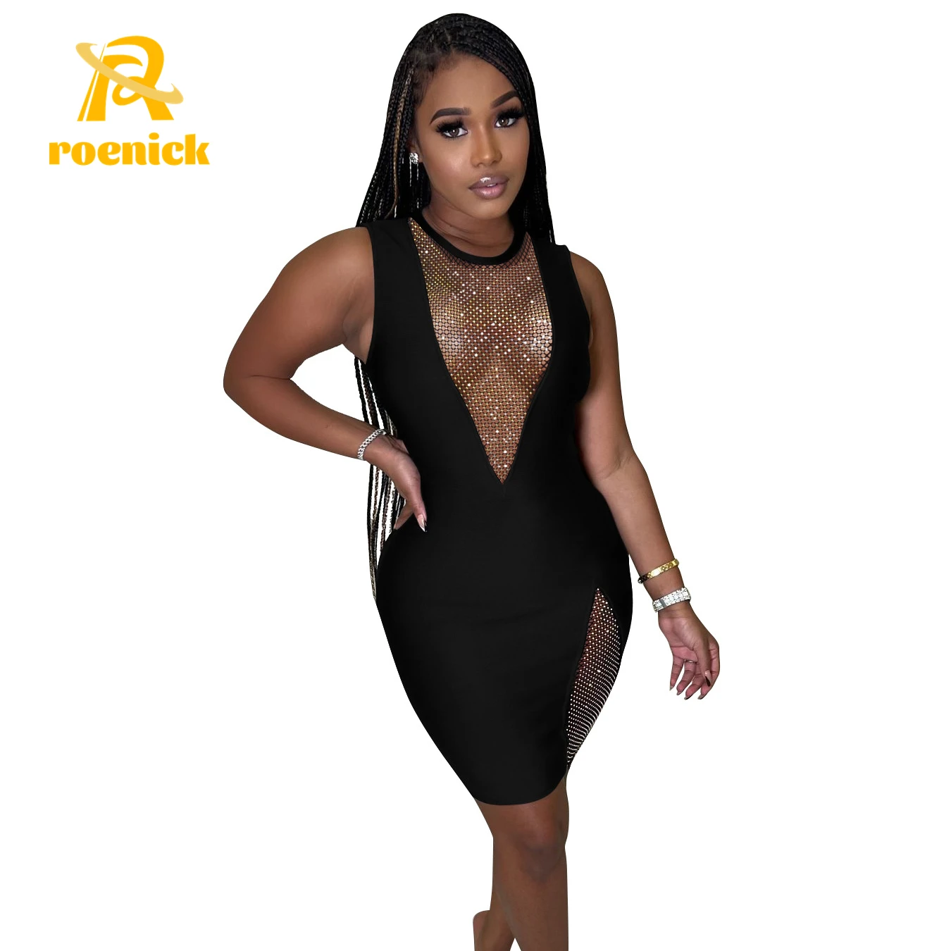 

ROENICK Women's Sexy V-neck Sleeveless Mesh Mini Dress Female Evening Diamonds Bodycon Vestidos Designer Party Prom Sheath Gowns