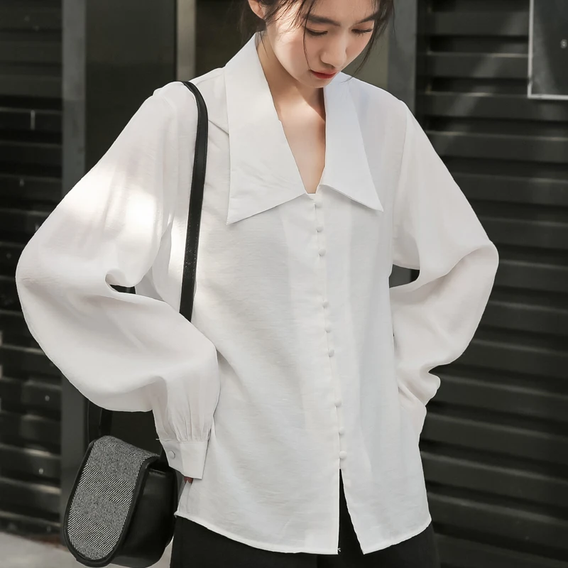 

Spring Women's Long Sleeve Doll Neck Vintage Lantern Sleeve Solid Color Simple Versatile Shirt Womens Tops Blouse Women C997