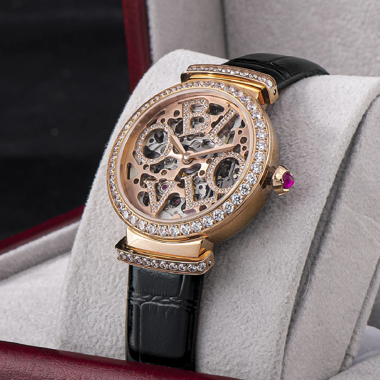 

OBLVLO Luxury Women Skeleton Automatic Watches Mechanical Steel Case Black Calf Leather Strap Sapphire Waterproof Dial 34mm BW