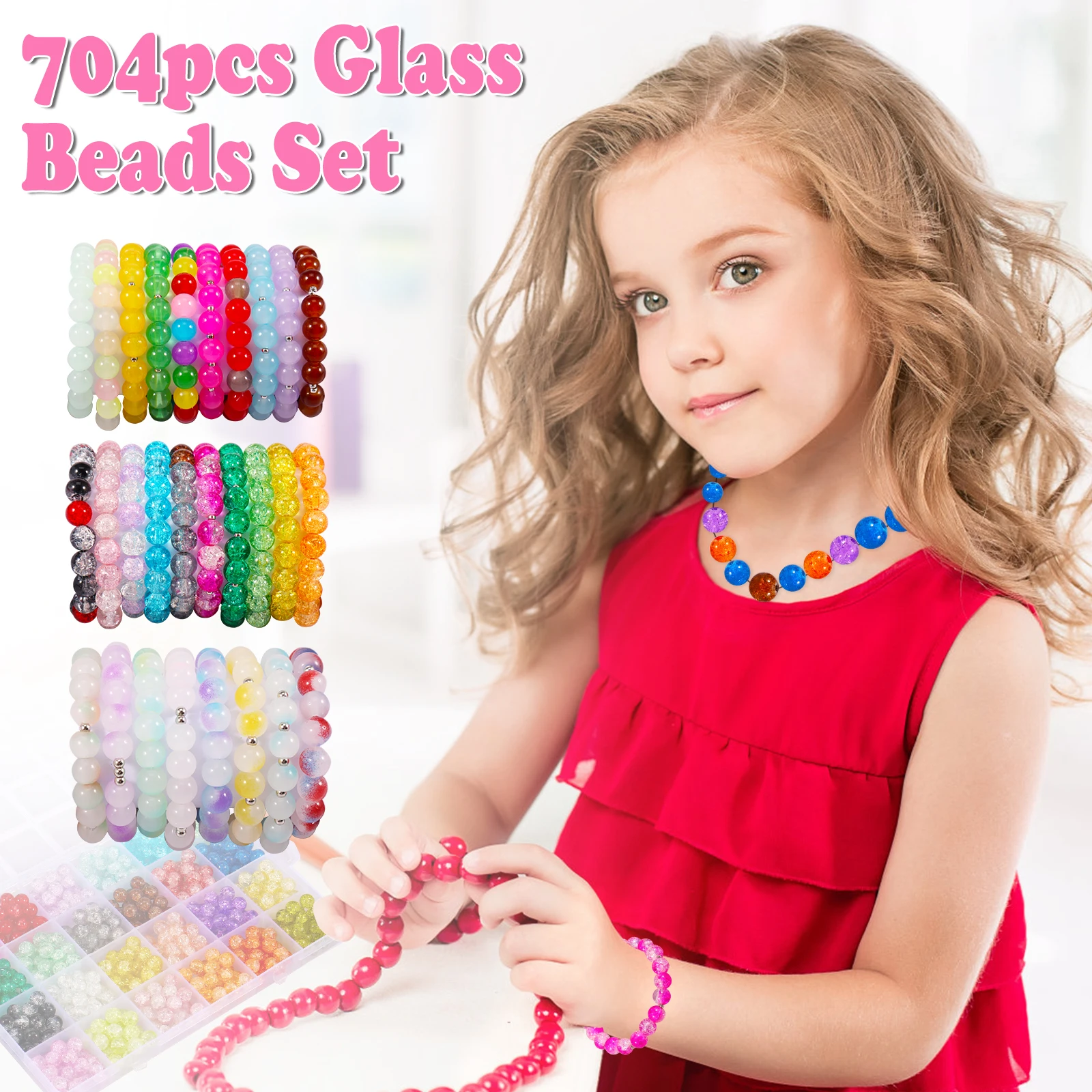 

704Pcs Glass Beads Bracelets Kit 8mm 24 Color Small Craft Beads Round Glass Beads with Elastic String Crystal Beads Bracelet