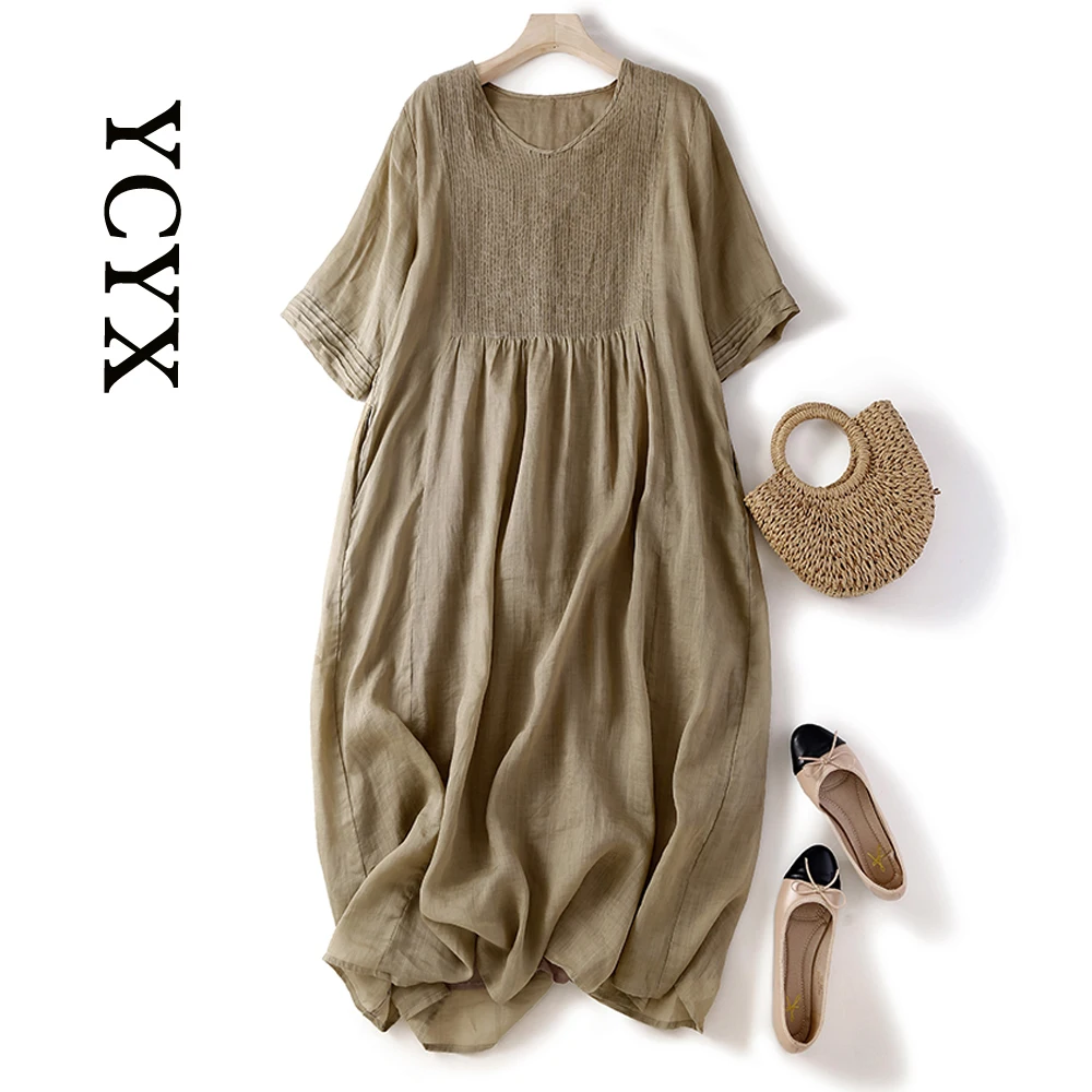 

YCYX women long dress New Summer Cotton Linen Lapel Pockets Loose Casual Vintage Dresses Short Sleeve Long Dress for Women YC137