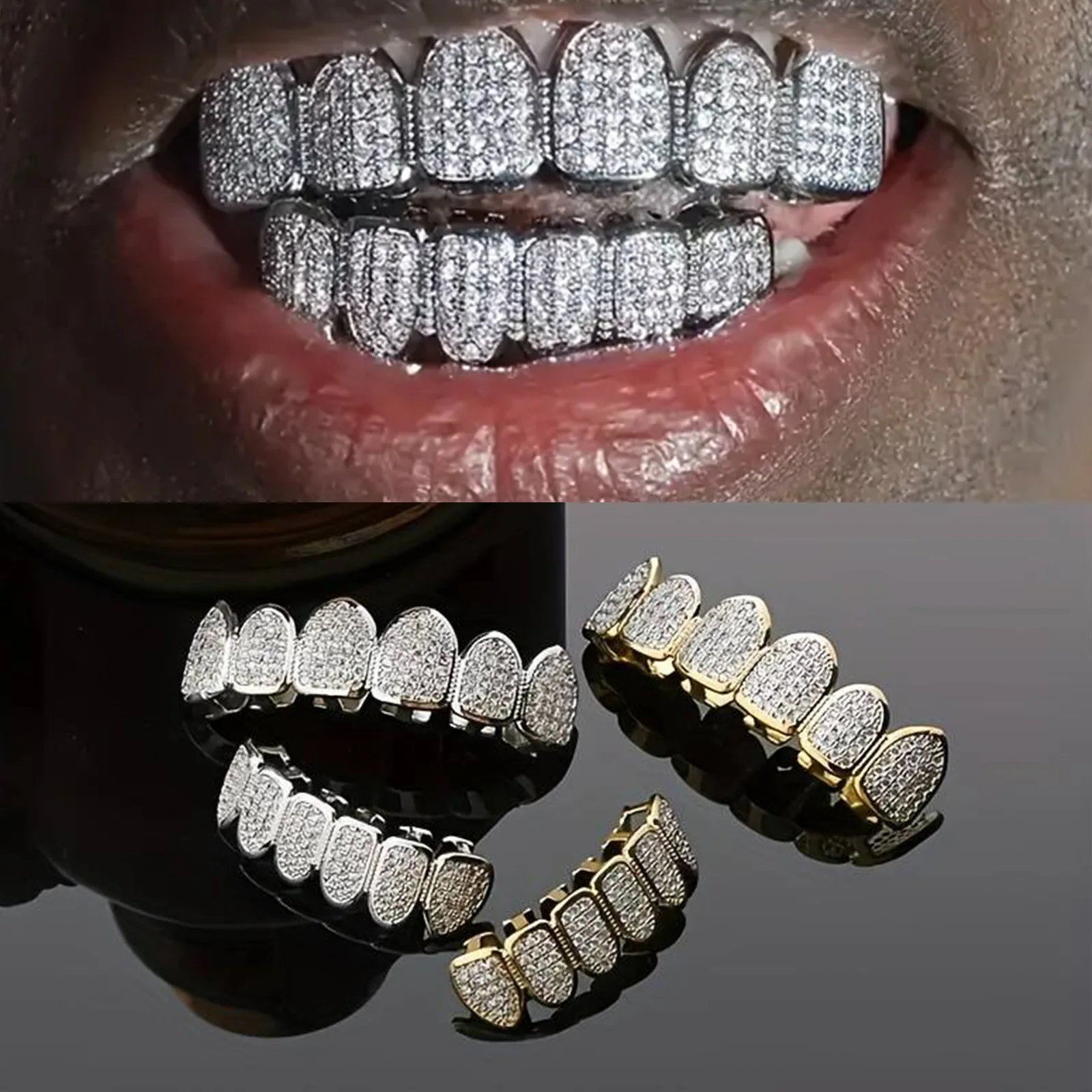 Новые популярные Bling Iced Out Teeth Grillz в стиле хип-хоп верхние и нижние грили колпачки