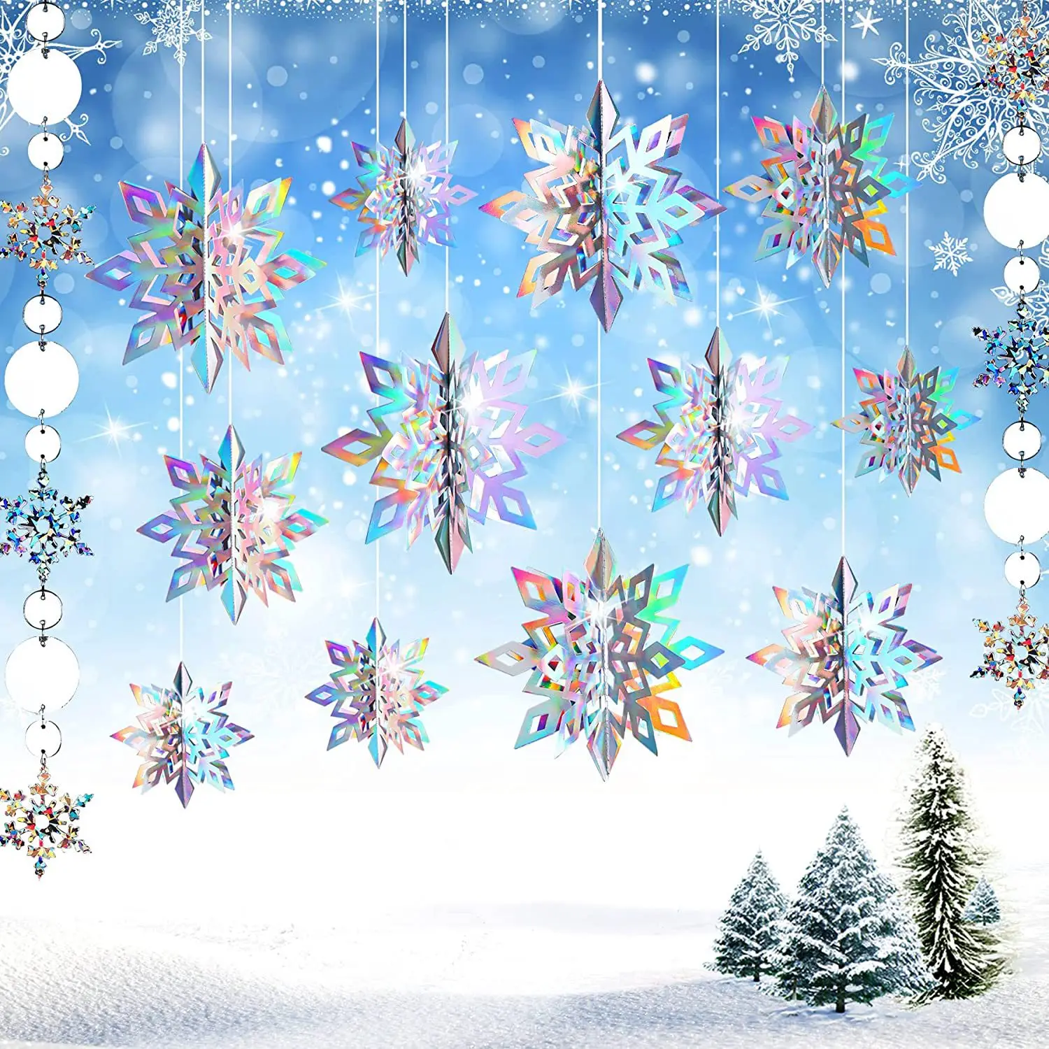 

Christmas Hanging Snowflakes Decor 3D Iridescent Paper Snowflakes Rainbow Snow Flakes Garland Christmas Birthday Party Supplies