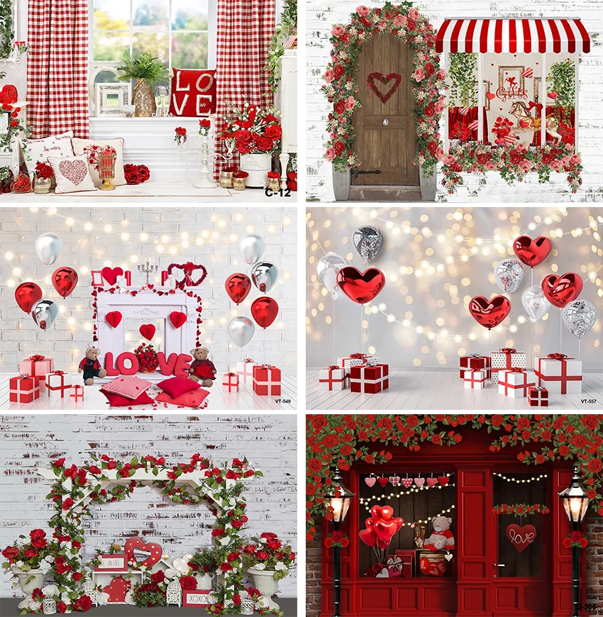 

Valentine's Day Photography Backdrops Red Love Heart Valentine Portrait Background Romantic Rose Wedding Bridal Shower Shoot