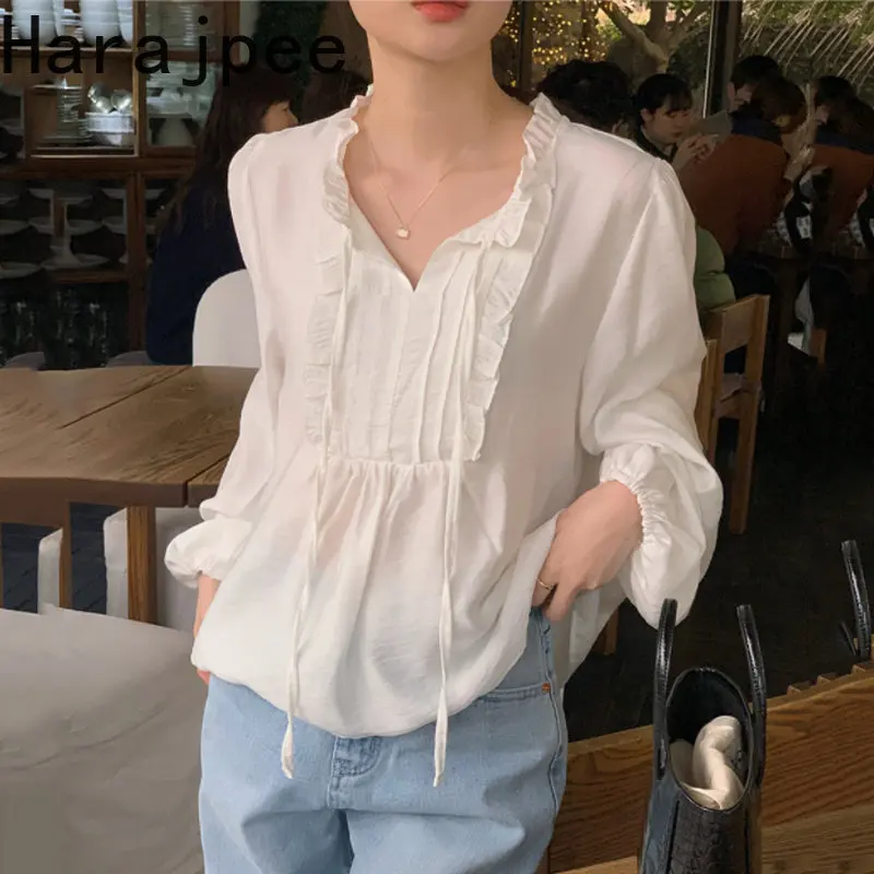

Женские Элегантные рубашки в стиле харадзпи с воротником-стойкой, на шнуровке, с длинным рукавом-фонариком, свободная однотонная Весенняя б...