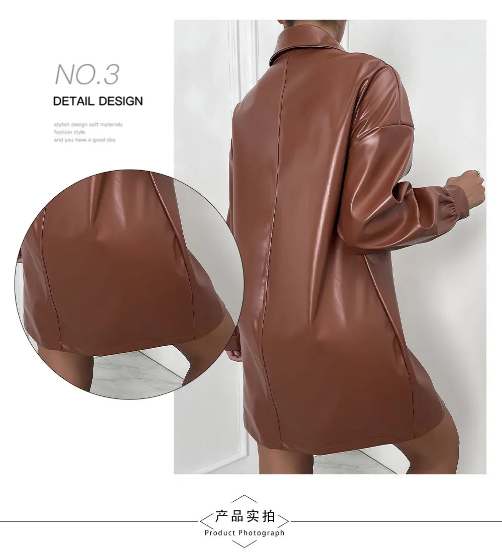 Women's Jacket Leather Spring and Autumn Women's Leather Coat Solid Color Motorcycle Pu Coat Top Blouse Brown Color Top