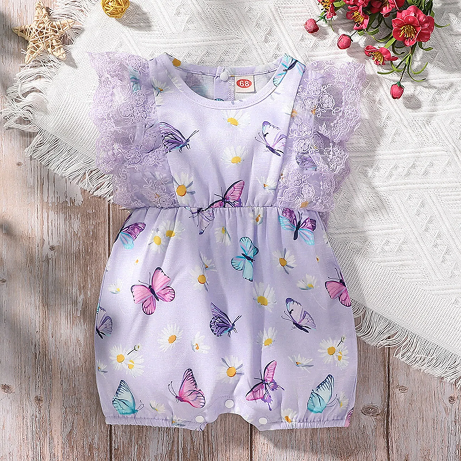 

Infant Girls Lace Fly Sleeve Prints Romper Newborn Jumpsuit Baby Girl Nautical Outfit