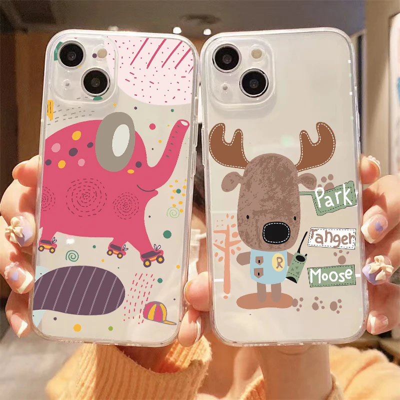 

Cartoon Deer Elephant For Apple iPhone 13 12 11 Pro Max Mini X XR XS Max SE 6 6S 7 8 Plus Clear Phone Case Black Back