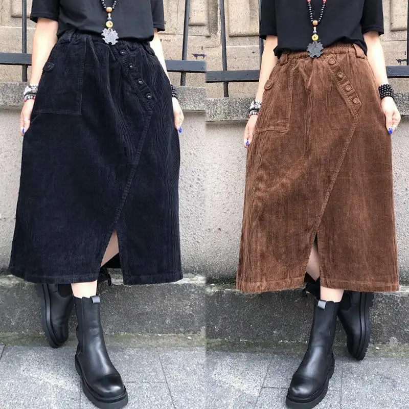 

Corduroy Skirts 2022 Women Autumn Sundress Casual Elastic Waist Mid-calf Skirt Female Solid Color Robe Femme Faldas Saia E342