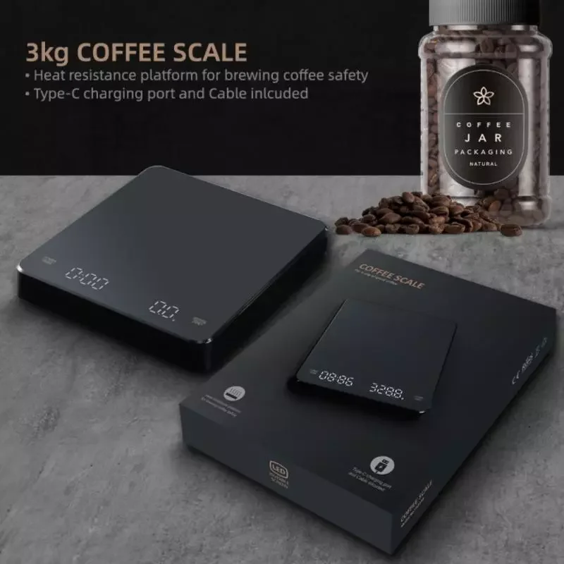 

3kg/0.1g New LED Screen Kitchen Coffee Scales USB Charging Timing Hand Brewing Coffee Electronic Scale Household Kitchen Scales