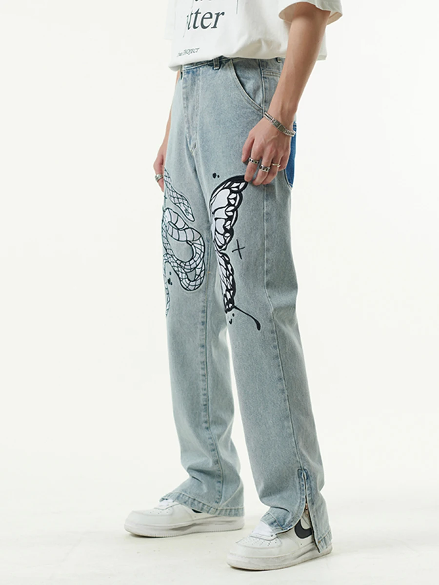 European High Street Butterfly and Snake Embroidered Straight Jeans Men's Ankle Zipper Retro Pocket Loose Denim Trousers Hip Hop