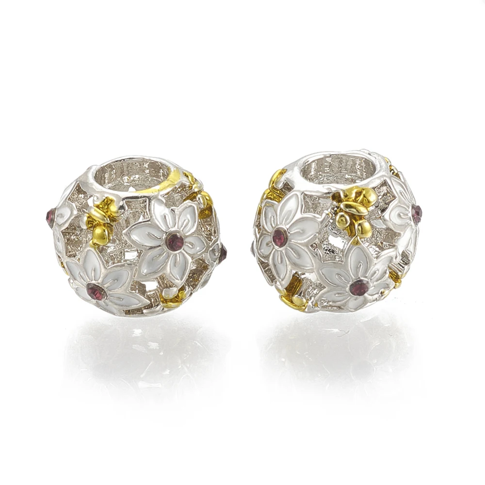 

2PCS Alloy Enamel European Beads with Rhinestone Hollow Large Hole Beads Rondelle Flower Platinum & Golden 11x10mm Hole: 5mm