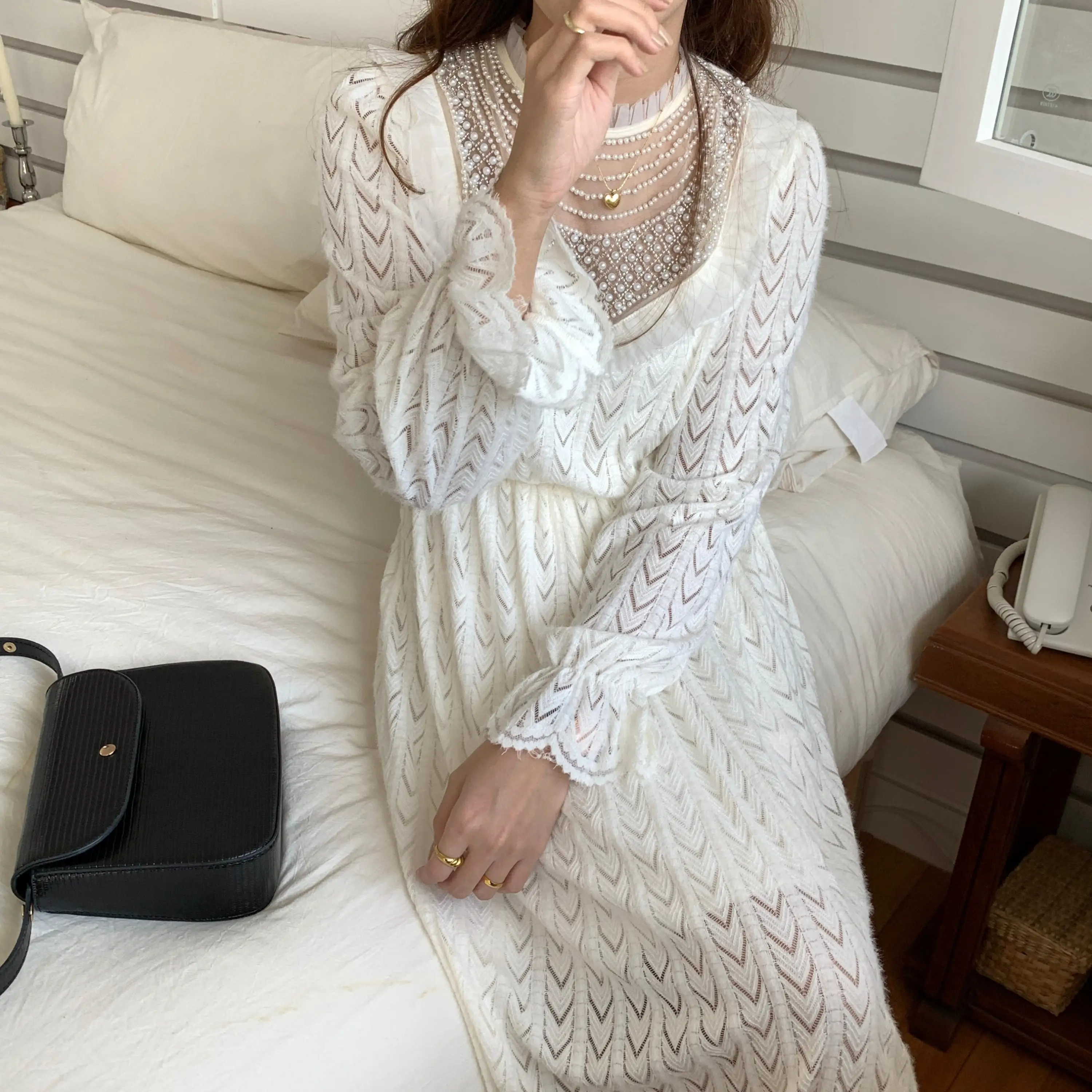 

French Style Elegant Pearls Ruffle Long Sleeve Dress For Women Spring Autumn Chic Vintage Long A Line Dress Lady Basic Vestidos