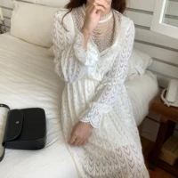 french style elegant pearls ruffle long sleeve dress for women spring autumn chic vintage long a line dress lady basic vestidos