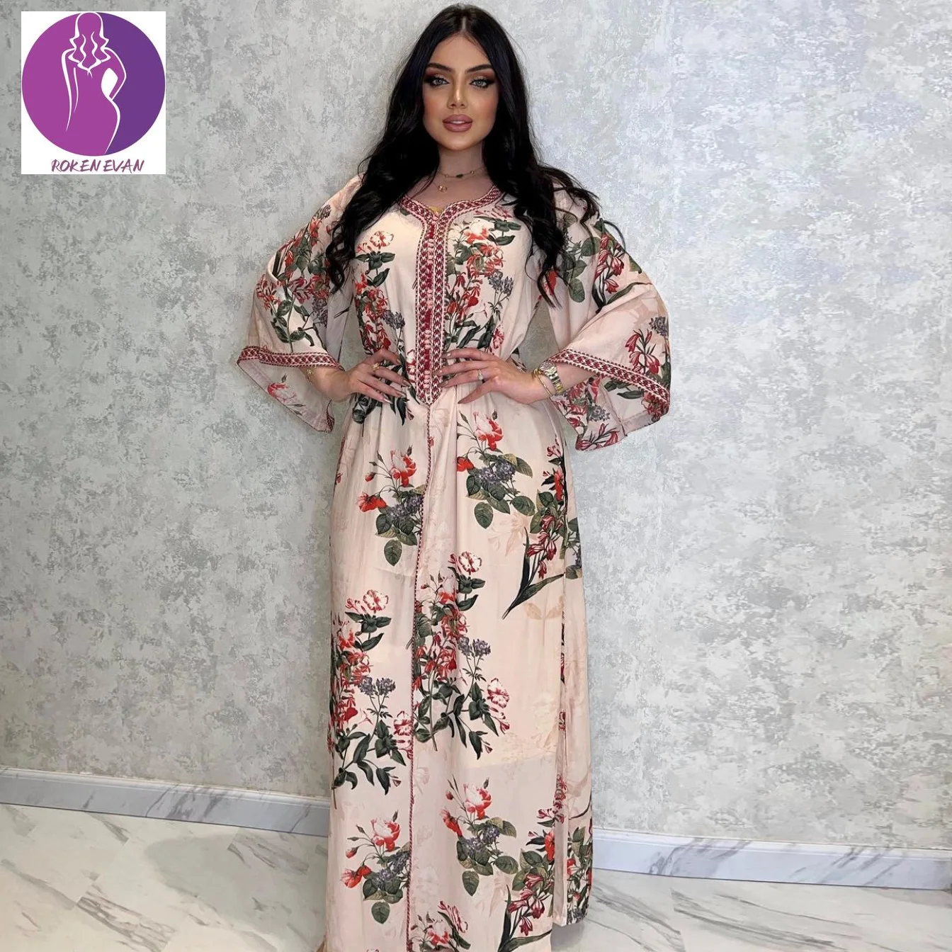 2022  Abayas For Women  Floral Print Wedding Dress Fashion Muslim Moroccan Kaftan Summer  Embroidered Dress Dubai Indian AB208