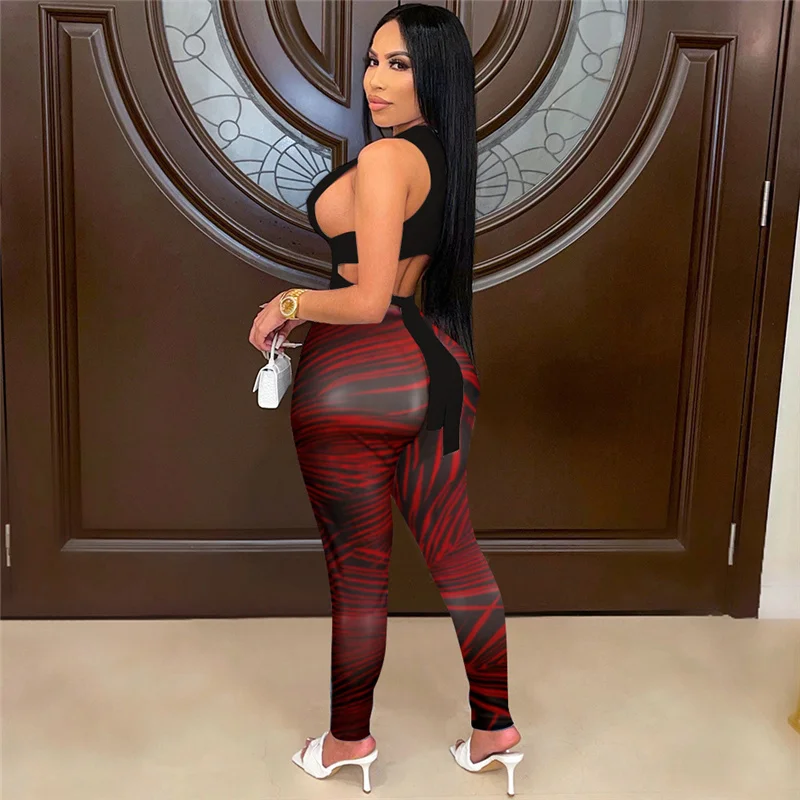 Sexy Two Piece Outfits for Women Club Wear Co Ord Sets Knitted Bandage Tops and Printed Leggings Party Matching Sets Undefined