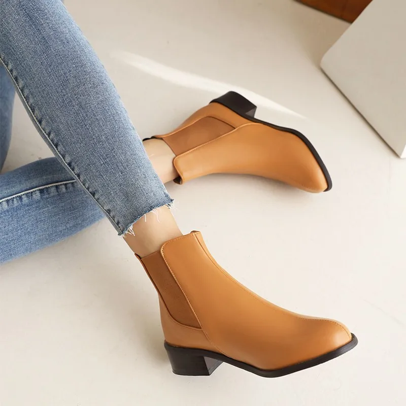 

Fall Women Chelsea Boots Large Size 42 Low Tube Booties Fashion Round Toe Woman Pu Leather Motorcycle Ankle Boots Zapatos Mujer