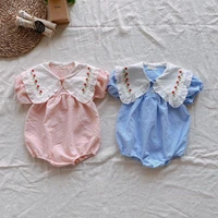 2022 new baby girl short sleeve bodysuit fashion princess flower embroidery large lapel jumpsuit cotton infant girl clothes