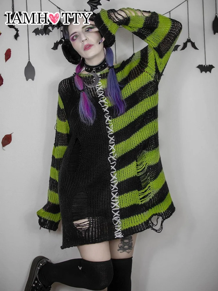 

IAMHOTTY темная Академия полосатый лоскутный оверсайз свитер женский готический панк милый Свободный Длинный джемпер Y2K Harajuku вязаная одежда