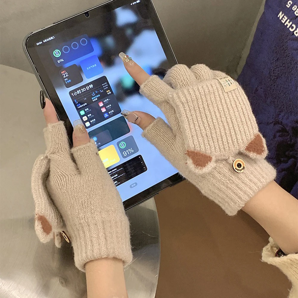 

1 Pair Women's Half-finger Knitted Gloves Mitten Convertible Flip Top Glove Winter Warm Cat Ear Fingerless Glove Hand Women Cute