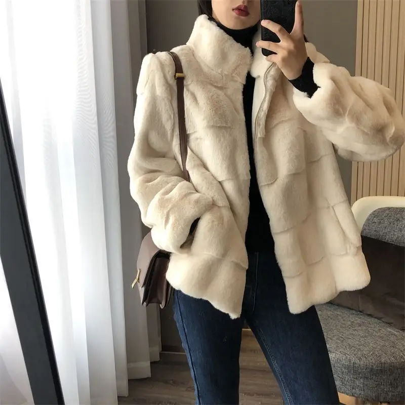 Autumn Mink Faux Fur Coat Office Lady Stand Collar Zippers Thick Warm Winter Jacket Women 2022 New Fashion Famale Clothing Top