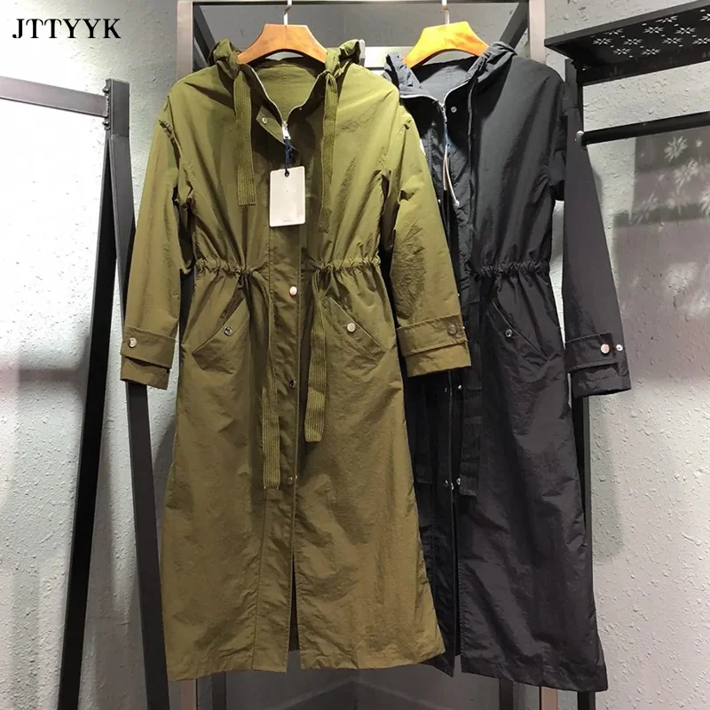 Женский Длинный плащ с капюшоном черный или зеленый тонкий повседневный