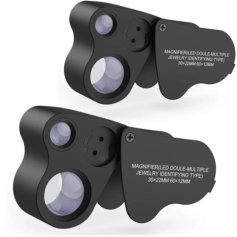 

Jewelry Loupe,2 Pack 30X 60X Illuminated Jeweler Loupe Magnifier Eye Loupe Magnifier Magnifying With LED Lighting