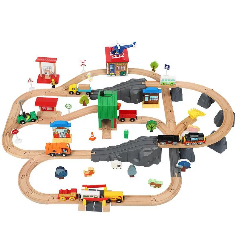 

Wood Electric Train Parking For Cars Garage Toys Wooden Train Track Set Kids Railway Puzzle Slot Rail Transit Toys For Children