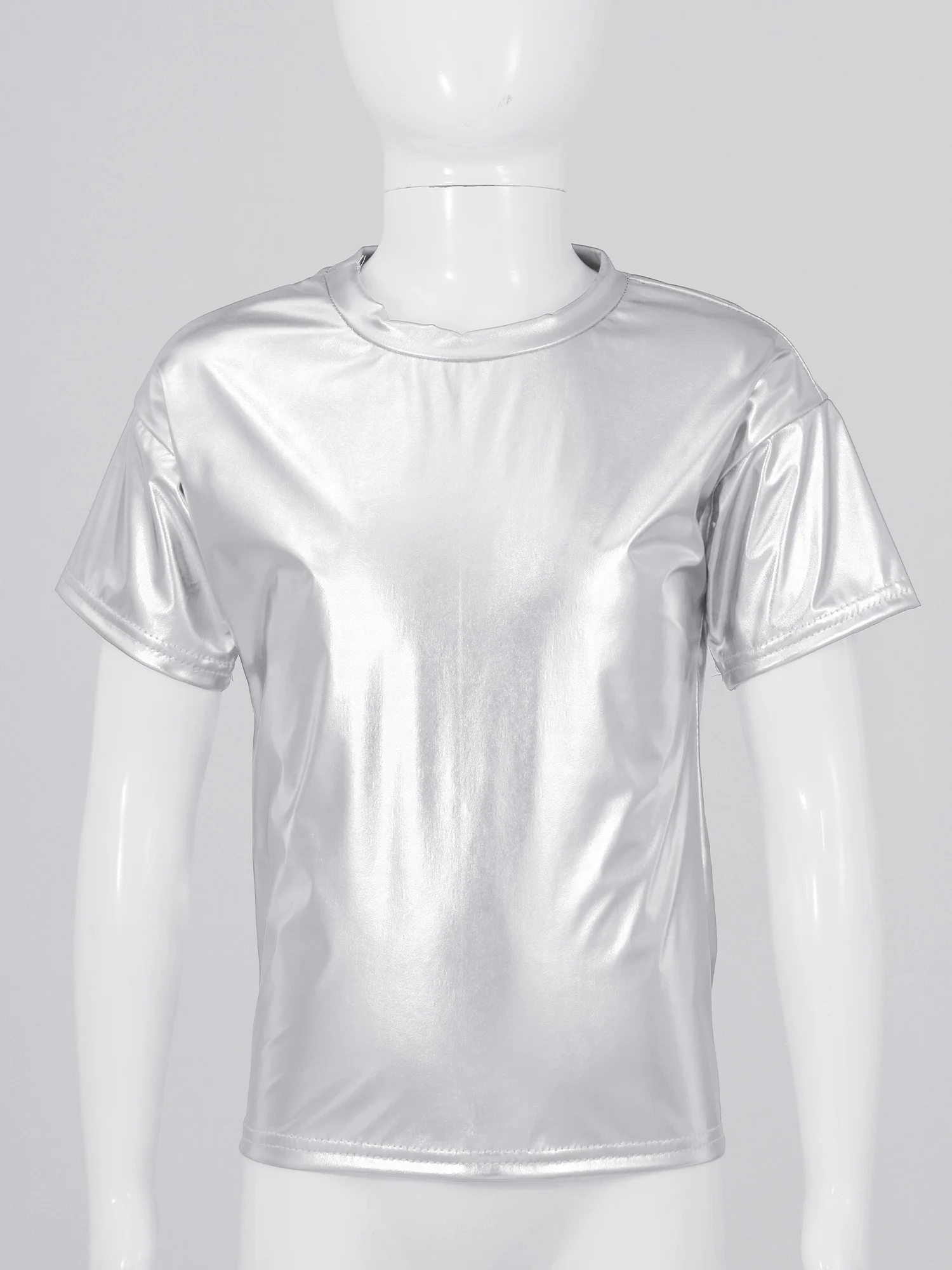 Kids Girls Boys Dance Tops Shiny Metallic Short Sleeve T-Shirt Jazz Hip Hop Street Dance Performance Blouse