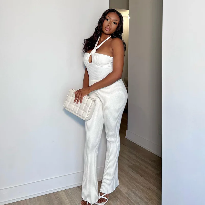 

FTS Summer Casual Jumpsuit White Sexy Halter Hollow Out Sleeveless Bodycon Top Women Romper One Piece Loose Long Jumpsuit