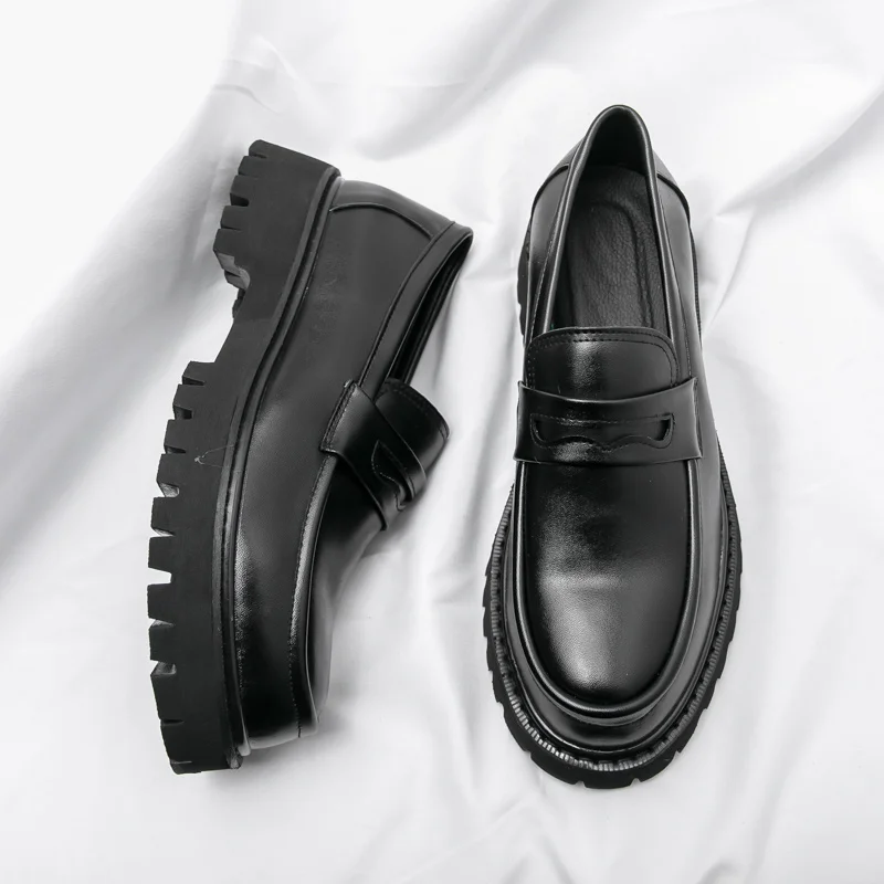 

New Platform Shoes Loafers Shoes Men Thick-soled Wedding Shoes Black Formal Business Shoes Slip-on Leather Increase Casual Shoes
