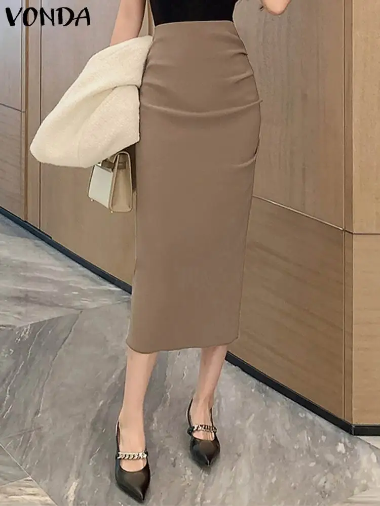

VONDA Summer Women Midi Skirts 2023 High Waist Solid Color Skirt Casual Elegant Office Streetwear Zipper Pleated Ruffled Bottoms