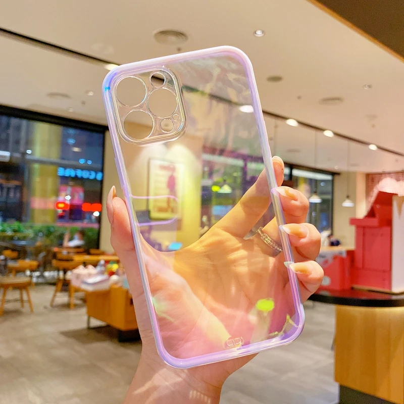 Gradient Color Transparent Case For iPhone 14 12 13 11 Pro Max X Xs Xr 7 8 Plus Shockproof Rainbow Laser Aurora Cover TPU Coque