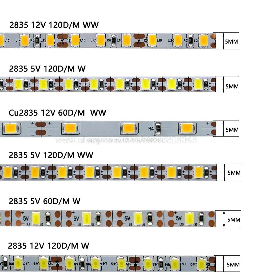 5V 12V 24V DC SMD 2835 LED Strip 5mm Narrow Width PCB 60 / 120 / 180LED/M Flexible LED Light Cool Warm White Red Green Blue IP20 images - 6