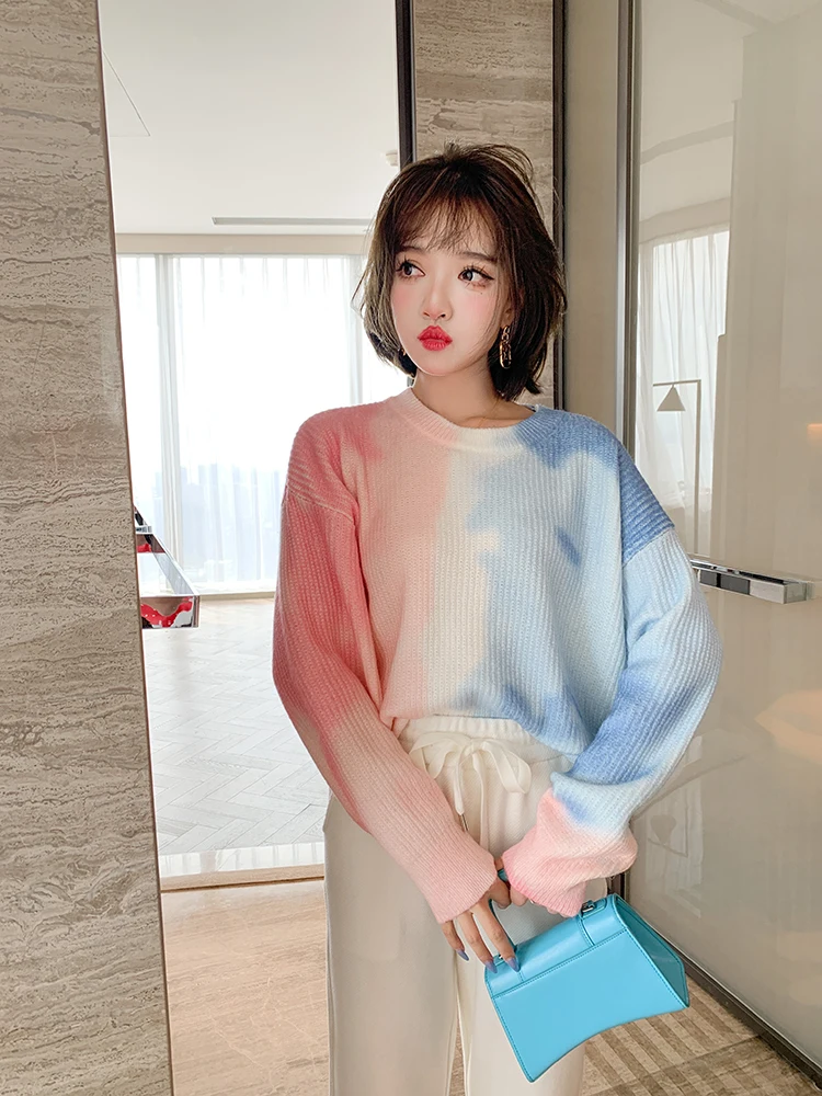 

Fashion Tie Dye Sweater Women Streetwear Autumn Winter Color Block Loose Overisized Pullover Sweaters
