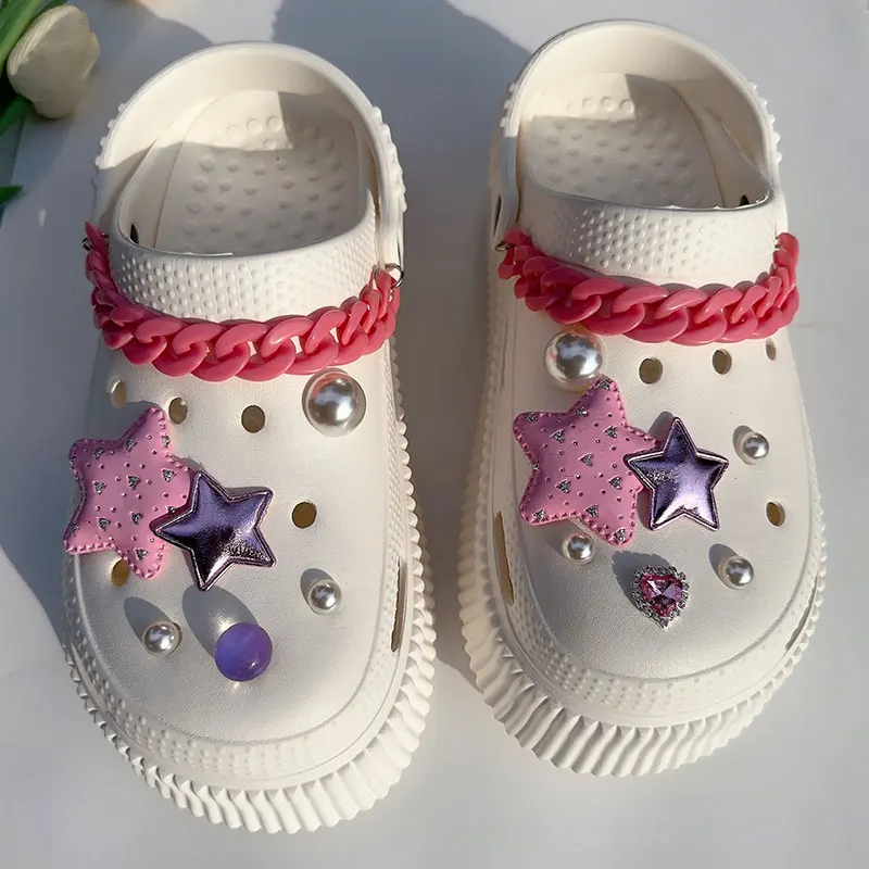 Pink Chunky Acrylic Chains Y2K Stars Shoes Charms Luxury Vintage Bling Heart Rhinestones Starry Sky Shoe Accessories Jewelry New