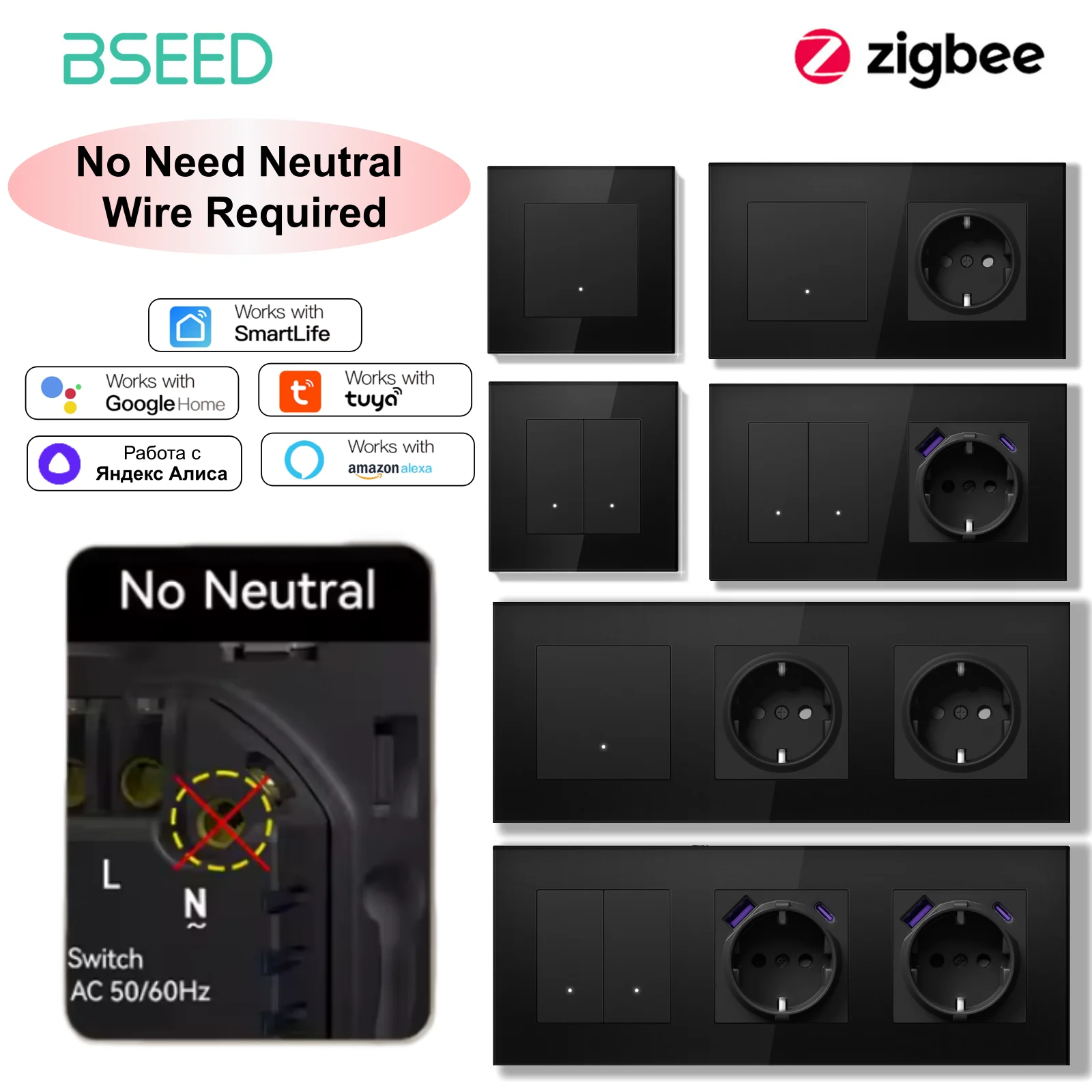 Фото BSEED ZigBee Click Switch Single Live с розетками стандарта ЕС, черные стеклянные панели, выключатели света для Tuya Smart Life, Google, Yandex APP №2