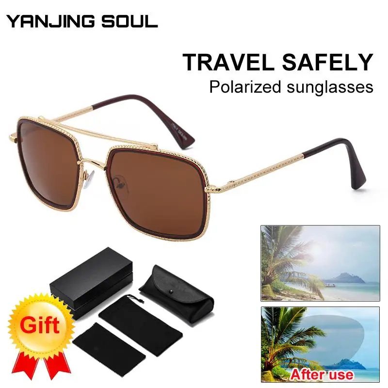 

Мужские поляризованные солнцезащитные очки в европейском и американском стиле ретро двойной луч Рогатка квадратная оправа солнцезащитные...