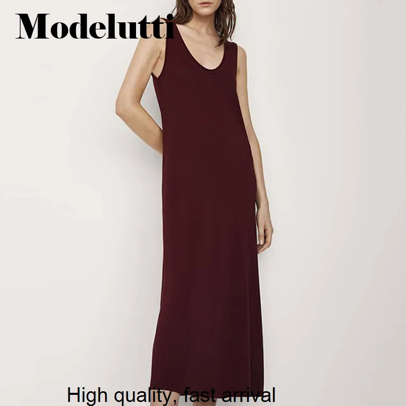 Spring 2023 New Summer Sleeveless Knitted Suspenders Long Dresses Solid Simple Casual Elegant Slim Midi Dress Female