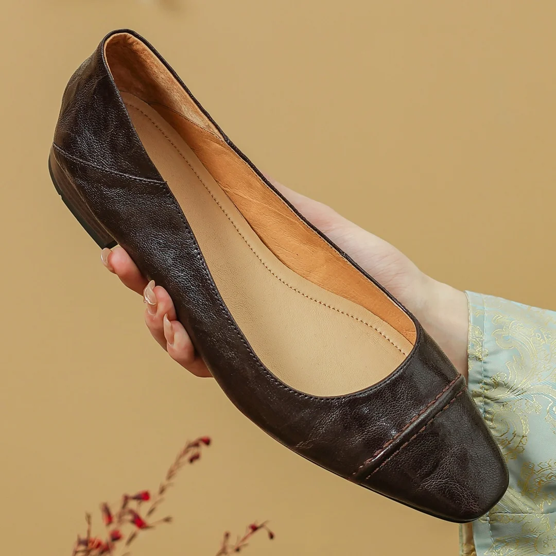 Балетки женские из мягкой овечьей кожи без застежки квадратный носок удобная