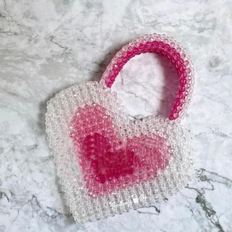 Love Pink Peach Heart Acrylic Handbags Women Designer Double Heart Portable Pink Jelly Purse Symphony Beads Evening Purse Clutch