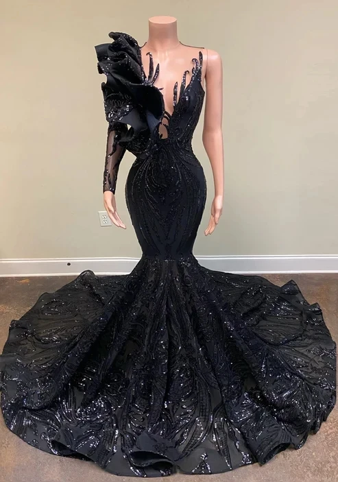 

Black African American Prom Dresses Mermaid One-shoulder Sequins Black Girls Nigeria Robe De Soiree Evening Dresses Gown