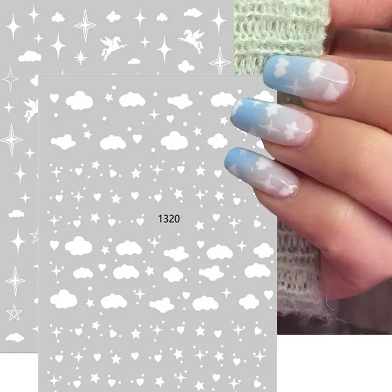 

White Clouds Nail Stickers 3D Moon Heart Pattern Design Self Adhesive Decals Nail Art Decorations Manicure Wraps Slider 1PC