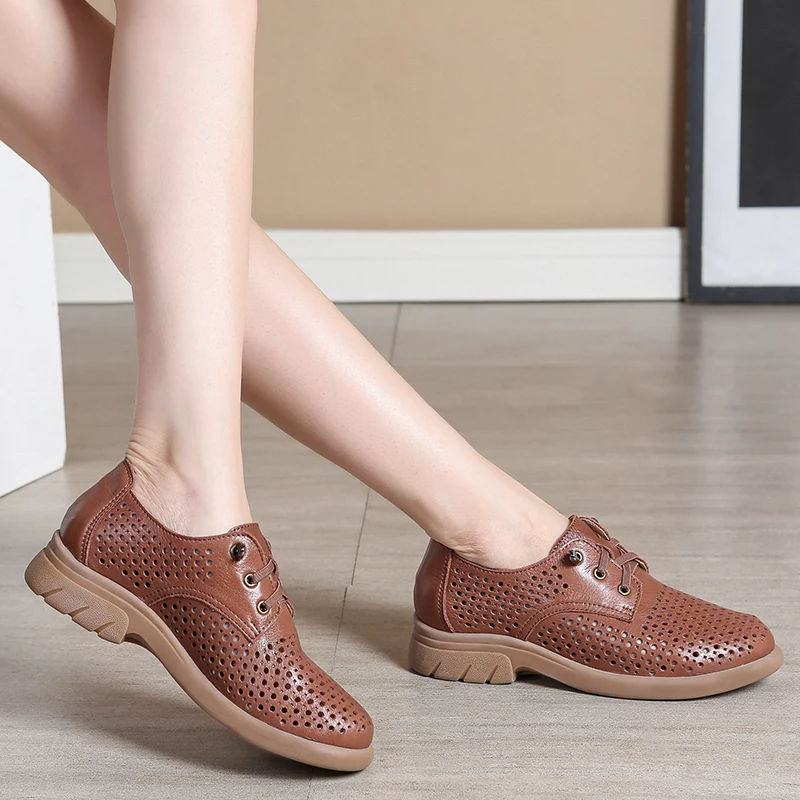 Large Size women's Casual Breathable Hollow Single Shoes 2023 Spring and Summer Small Leather Shoes Retro Sandals Soft Cowhide